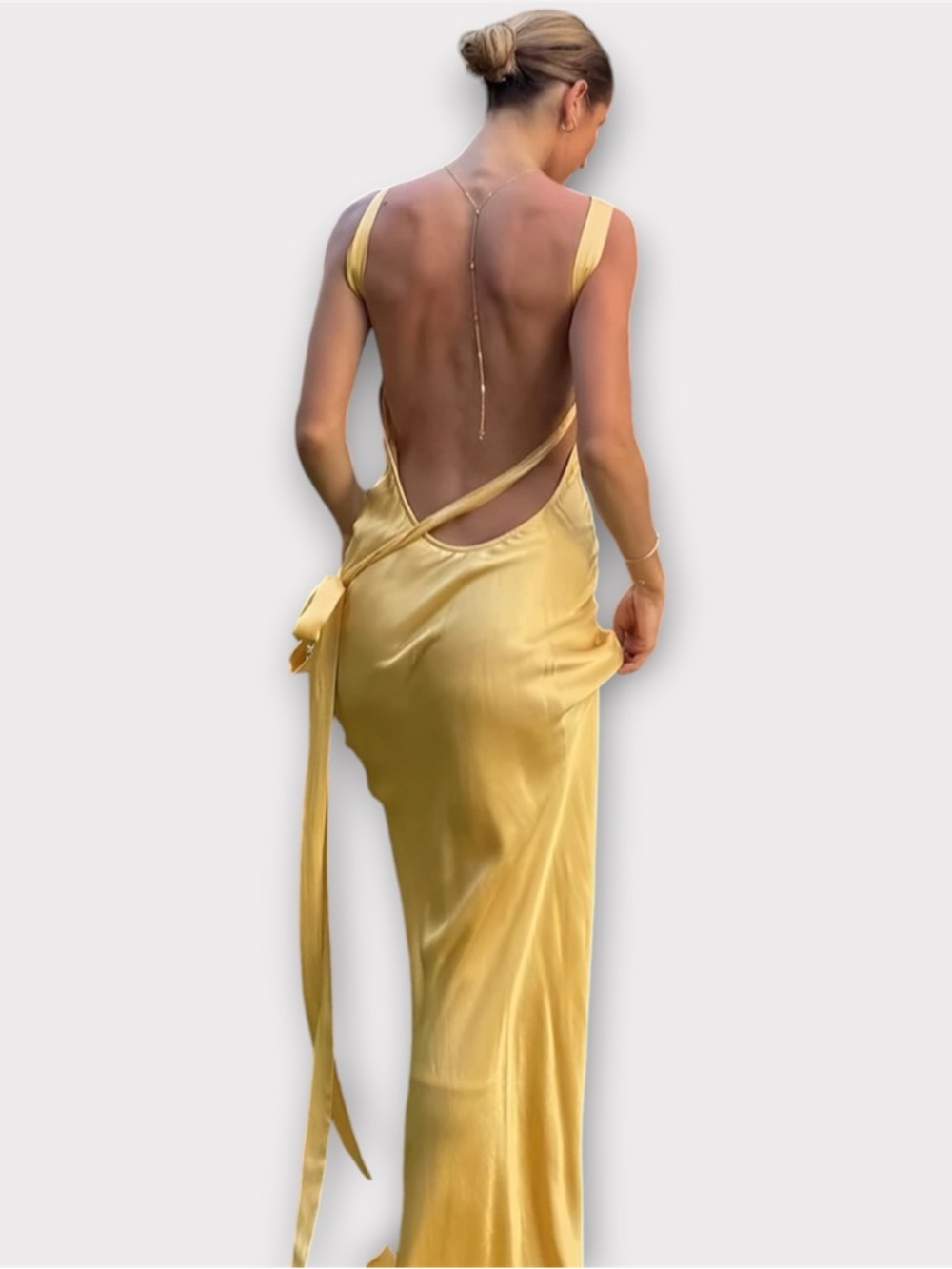Commense Backless Satin Slip Dress in Yellow